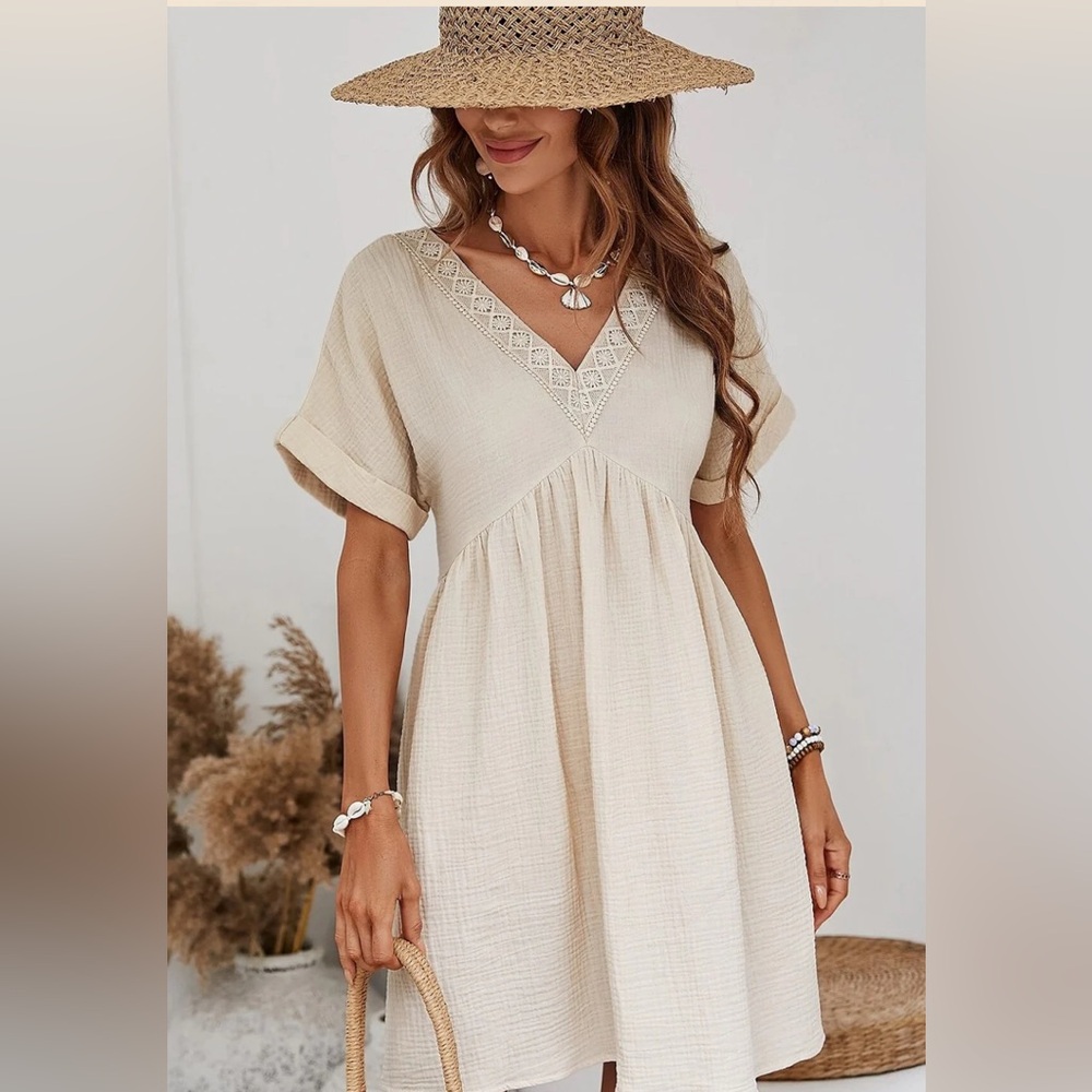 Jordy Short Sleeve Beige Lace V Neck Dress